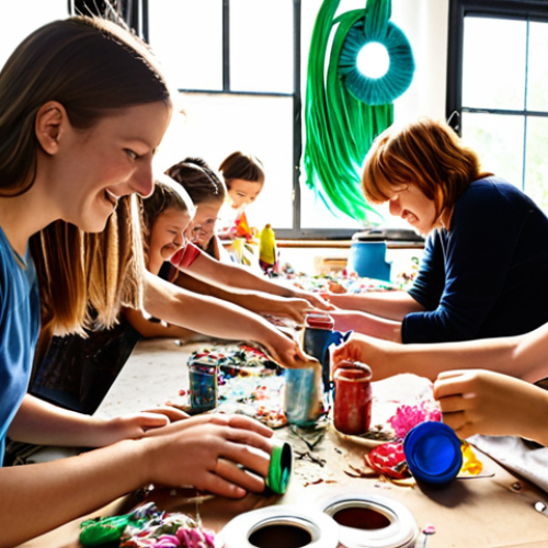 A vibrant workshop scene filled with participants of all ages crafting unique art pieces from recycled materials like plastic bottles, soda cans, and fabric scraps. Natural light streams into a spacious, airy studio adorned with colorful examples of eco-art, creating an inspiring and welcoming atmosphere. Focus on hands-on engagement and a sense of joyful collaboration.