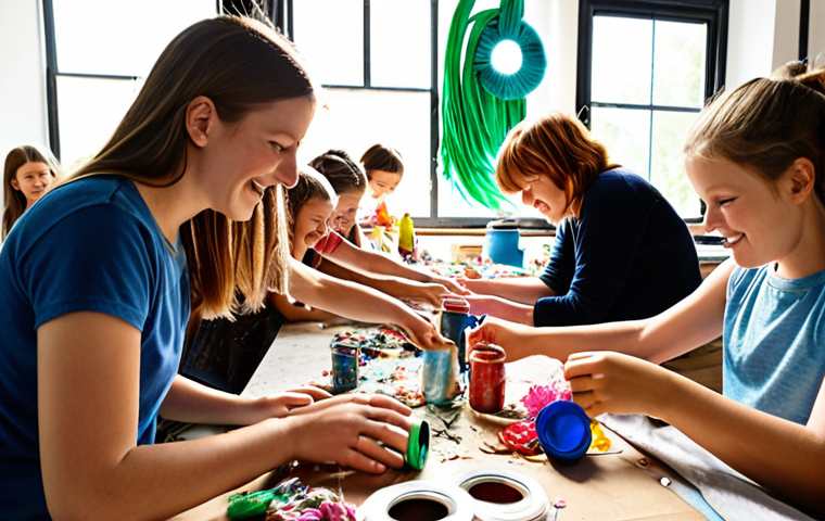 A vibrant workshop scene filled with participants of all ages crafting unique art pieces from recycled materials like plastic bottles, soda cans, and fabric scraps. Natural light streams into a spacious, airy studio adorned with colorful examples of eco-art, creating an inspiring and welcoming atmosphere. Focus on hands-on engagement and a sense of joyful collaboration.