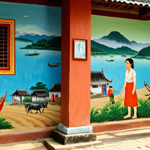 A vibrant ecological art mural adorning an old wall in a charming Vietnamese village, showcasing scenes of traditional local life or a specific craft like pottery or fishing. Elderly villagers and children are seen interacting with the artwork, which is integrated seamlessly into the community space, bathed in warm, natural light, symbolizing cultural pride and community bonding.