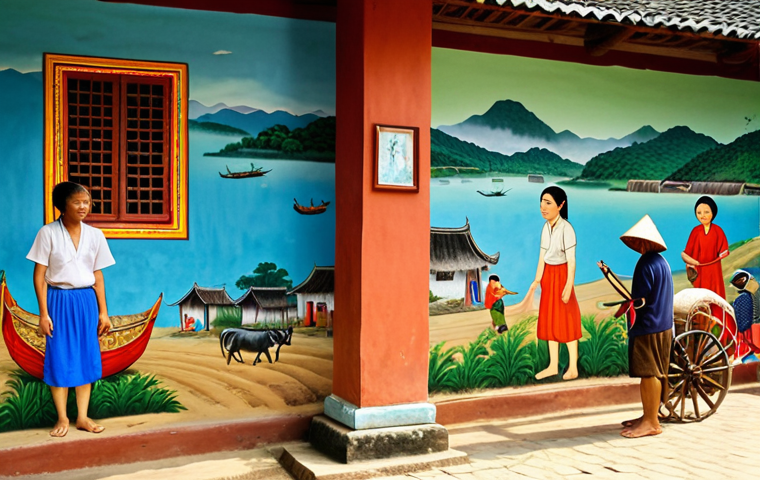 A vibrant ecological art mural adorning an old wall in a charming Vietnamese village, showcasing scenes of traditional local life or a specific craft like pottery or fishing. Elderly villagers and children are seen interacting with the artwork, which is integrated seamlessly into the community space, bathed in warm, natural light, symbolizing cultural pride and community bonding.