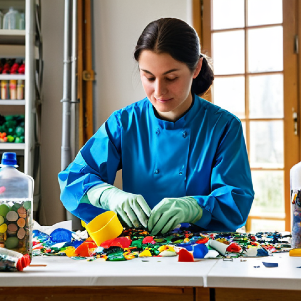 A skilled female Plastic Art artist, wearing a modest work smock over professional attire with sleeves rolled up, focused and meticulously arranging colorful, cleaned recycled plastic pieces like bottle caps and cut plastic fragments onto a large, partially completed sculpture resembling a vibrant, abstract nature scene. Her well-formed hands are visible, demonstrating careful work. The setting is a bright, organized art studio with natural light streaming through a large window. In the background, shelves hold neatly sorted bins of various plastic waste materials (PET bottles, HDPE containers, LDPE bags), alongside tools and other small completed plastic art pieces. professional photography, high resolution, detailed, perfect anatomy, correct proportions, natural pose, proper finger count, natural body proportions, safe for work, appropriate content, fully clothed, modest clothing, family-friendly.