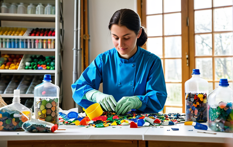 A skilled female Plastic Art artist, wearing a modest work smock over professional attire with sleeves rolled up, focused and meticulously arranging colorful, cleaned recycled plastic pieces like bottle caps and cut plastic fragments onto a large, partially completed sculpture resembling a vibrant, abstract nature scene. Her well-formed hands are visible, demonstrating careful work. The setting is a bright, organized art studio with natural light streaming through a large window. In the background, shelves hold neatly sorted bins of various plastic waste materials (PET bottles, HDPE containers, LDPE bags), alongside tools and other small completed plastic art pieces. professional photography, high resolution, detailed, perfect anatomy, correct proportions, natural pose, proper finger count, natural body proportions, safe for work, appropriate content, fully clothed, modest clothing, family-friendly.