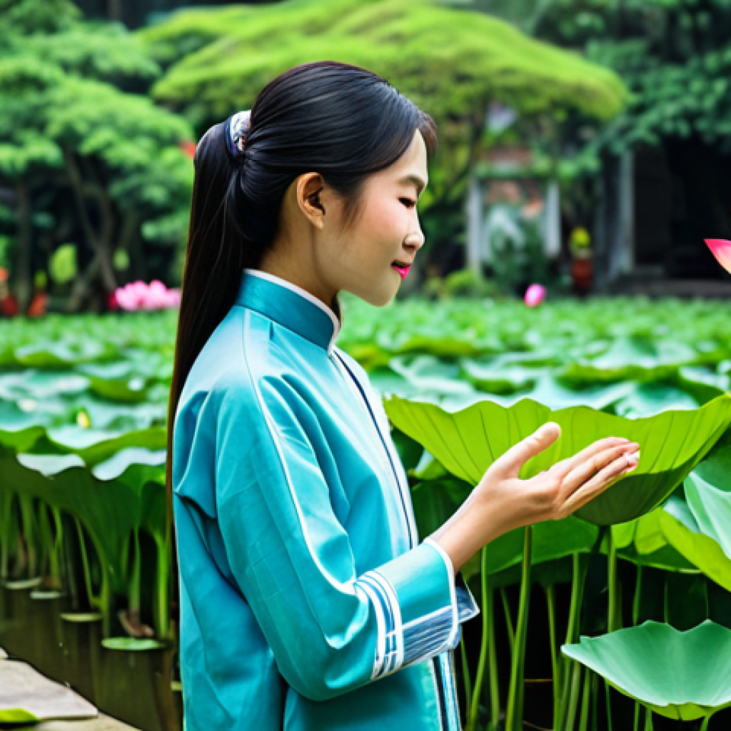 자연과 함께하는 예술적 경험 만들기 - "A serene Vietnamese woman, fully clothed in a traditional Áo dài, painting a vibrant lotus flower i...