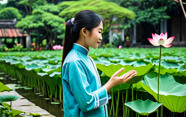 자연과 함께하는 예술적 경험 만들기 - "A serene Vietnamese woman, fully clothed in a traditional Áo dài, painting a vibrant lotus flower i...