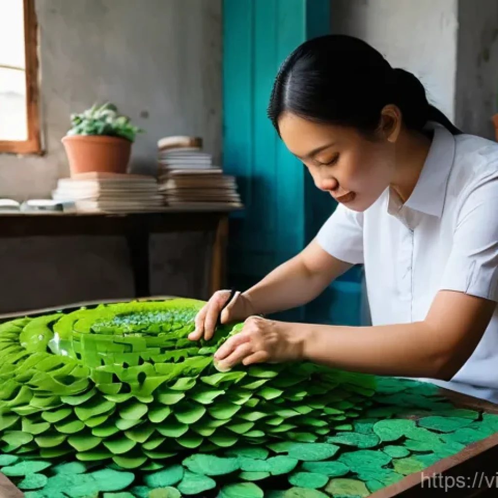 지속 가능한 미술 재료 활용하기 - **Prompt:** A talented Vietnamese artist, dressed in a simple yet stylish tunic and trousers, meticu...