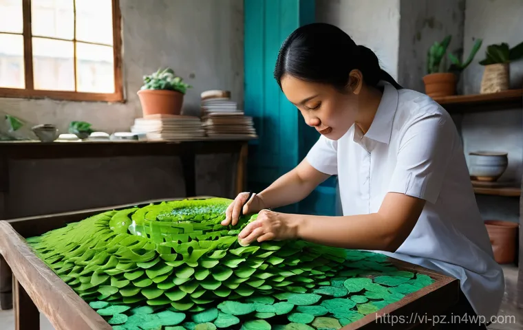 지속 가능한 미술 재료 활용하기 - **Prompt:** A talented Vietnamese artist, dressed in a simple yet stylish tunic and trousers, meticu...