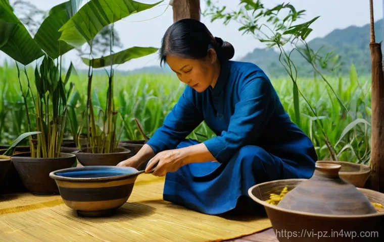 지속 가능한 미술 재료 활용하기 - **Prompt:** A talented Vietnamese artist, dressed in a simple yet stylish tunic and trousers, meticu...