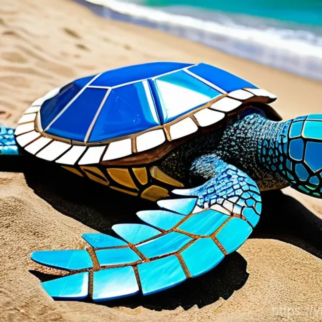 생태 미술로 사회적 메시지 전달하기 - **Prompt: "Recycled Ocean Guardian"**
A magnificent, awe-inspiring sculpture of a giant sea turt...