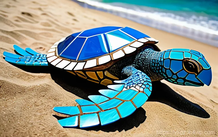 생태 미술로 사회적 메시지 전달하기 - **Prompt: "Recycled Ocean Guardian"**
A magnificent, awe-inspiring sculpture of a giant sea turt...