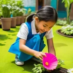Home 17 학교에서 시행하는 생태 미술 프로젝트 - **Prompt:** A vibrant, sun-drenched scene in a Vietnamese elementary school garden. A diverse group ...