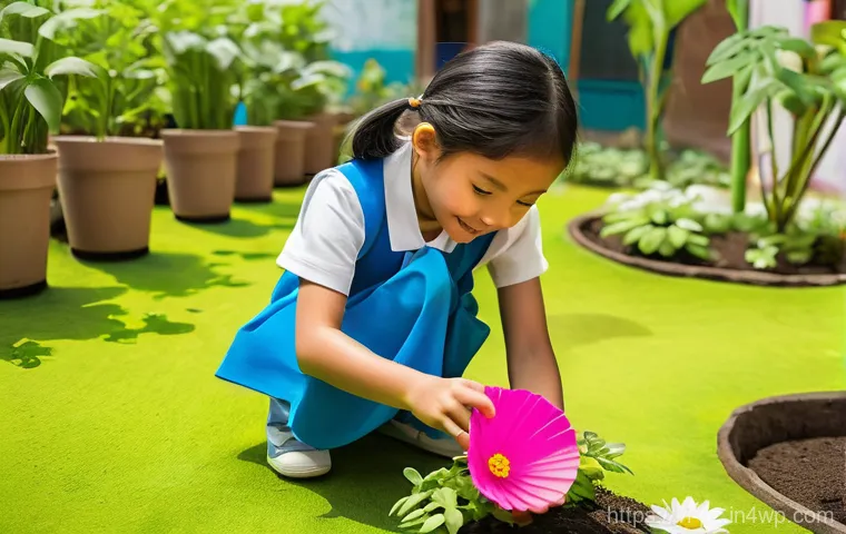 학교에서 시행하는 생태 미술 프로젝트 - **Prompt:** A vibrant, sun-drenched scene in a Vietnamese elementary school garden. A diverse group ...