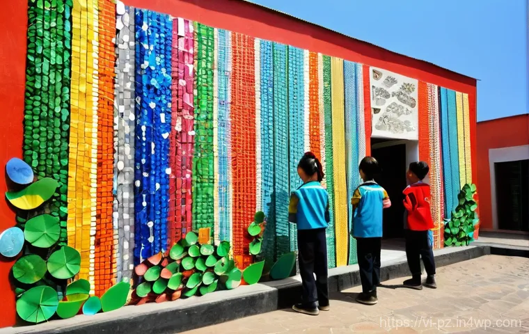 학교에서 시행하는 생태 미술 프로젝트 - **Prompt:** A vibrant, sun-drenched scene in a Vietnamese elementary school garden. A diverse group ...