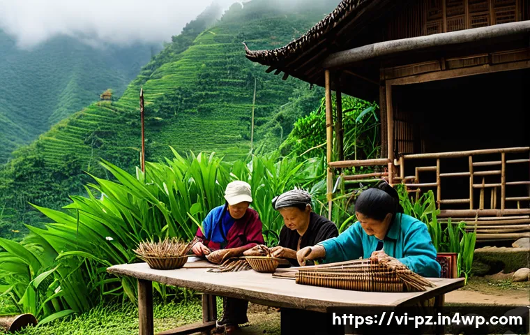 여행과 생태 미술의 만남 - A vibrant eco-art workshop scene in a lush Vietnamese mountain village, featuring local artisans and...