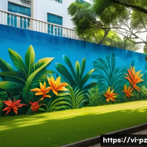 Home 26 도시의 녹지 공간을 활용한 아트 프로젝트 - A vibrant urban park scene in Ho Chi Minh City featuring large interactive murals blending natural g...