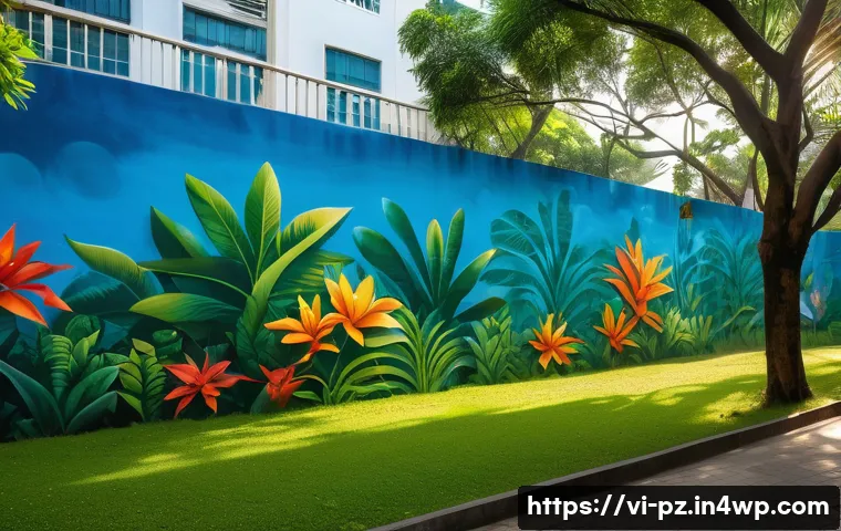 도시의 녹지 공간을 활용한 아트 프로젝트 - A vibrant urban park scene in Ho Chi Minh City featuring large interactive murals blending natural g...