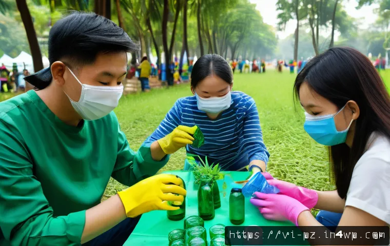 생태 미술의 대중화 전략 - A vibrant community workshop scene in a Vietnamese urban park, featuring diverse people creatively a...