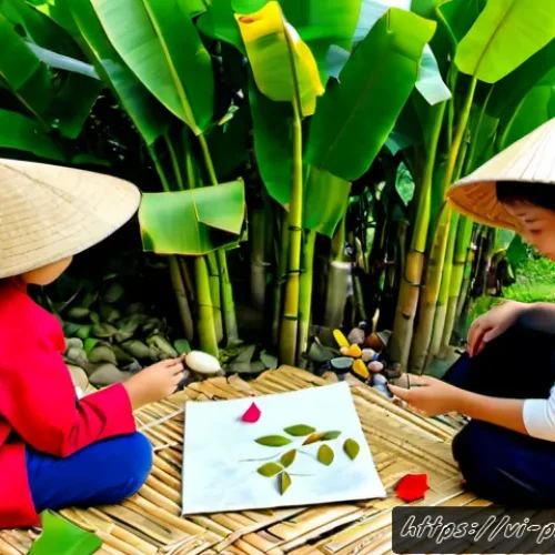 Home 15 자연을 주제로 한 어린이 미술 활동 - Photorealistic outdoor children’s art activity in a lush Vietnamese village garden, a small group of...