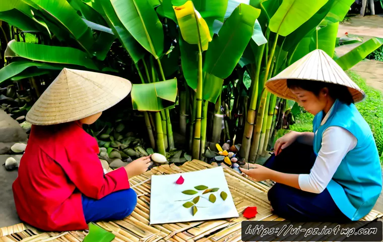 자연을 주제로 한 어린이 미술 활동 - Photorealistic outdoor children’s art activity in a lush Vietnamese village garden, a small group of...
