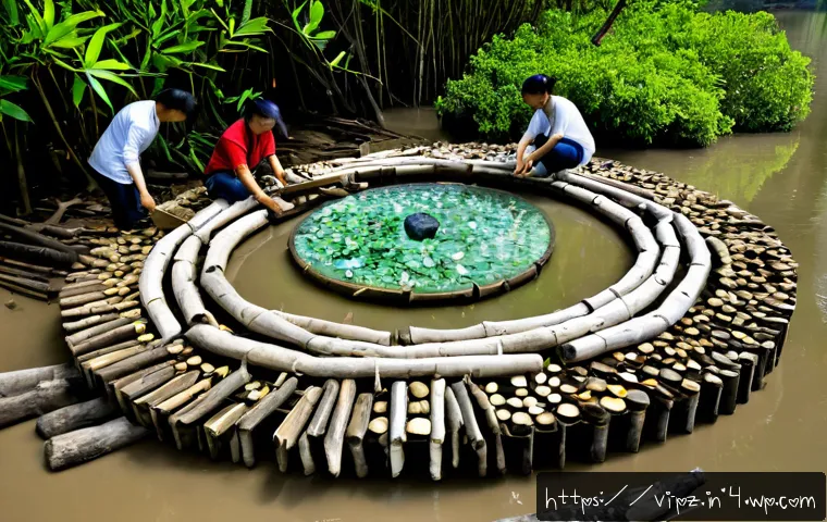 생태 미술의 이론과 실제 - Photorealistic environmental art workshop in a lush Vietnamese mangrove forest, a diverse group of a...