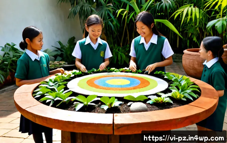 Home 17 식물과 함께하는 생태 미술 프로젝트 - Photorealistic Vietnamese primary school students creating an ecological art project in a sunny outd...