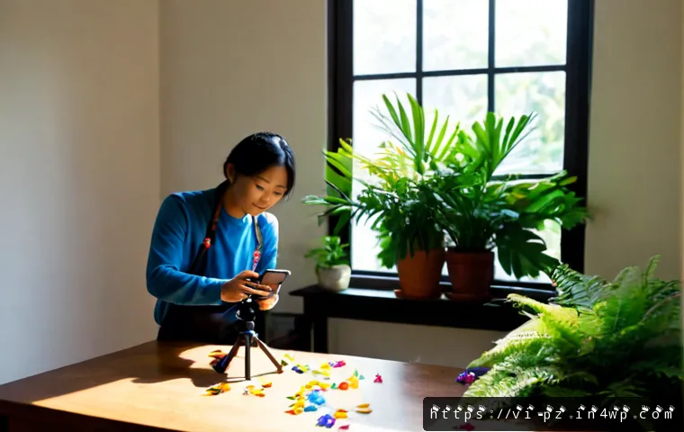 Home 17 식물 아트 식물을 활용한 동영상 프로젝트 - Photorealistic Vietnamese plant artist filming a stop-motion video project at a sunlit wooden desk, ...